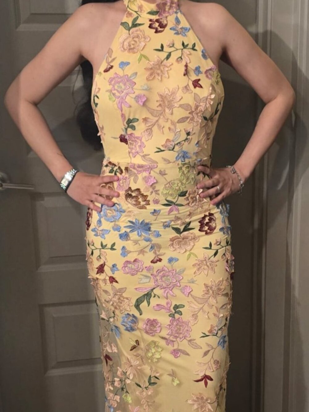 Lulus Infinite Praise Yellow 3d Floral Embroidered Halter Maxi Dress - Size S - Picture 2 of 4